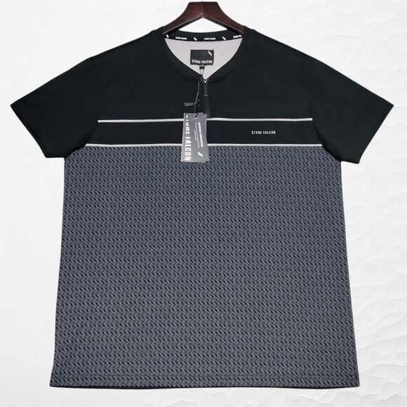 Stone Falcon Mens Shirt Size Large Black Gray Zip V-Neck Cotton Spandex NEW - Picture 1 of 13